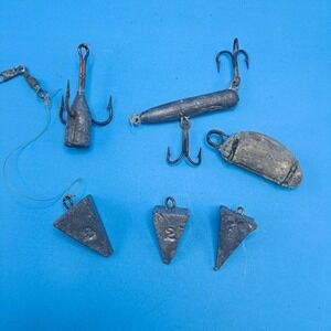 Vintage Fishing Tackle Lot 1970s Lead Sinkers Treble‎ Hook Lures Rustic Handmade